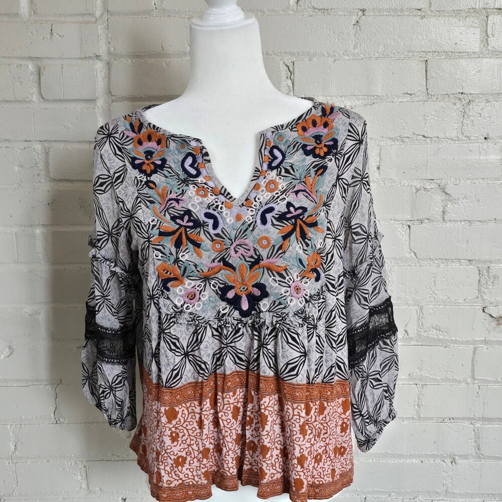Anthropologie Geometric Peplum Blouse ┃Floral Embroidered ┃Boho &  Whimisgoth